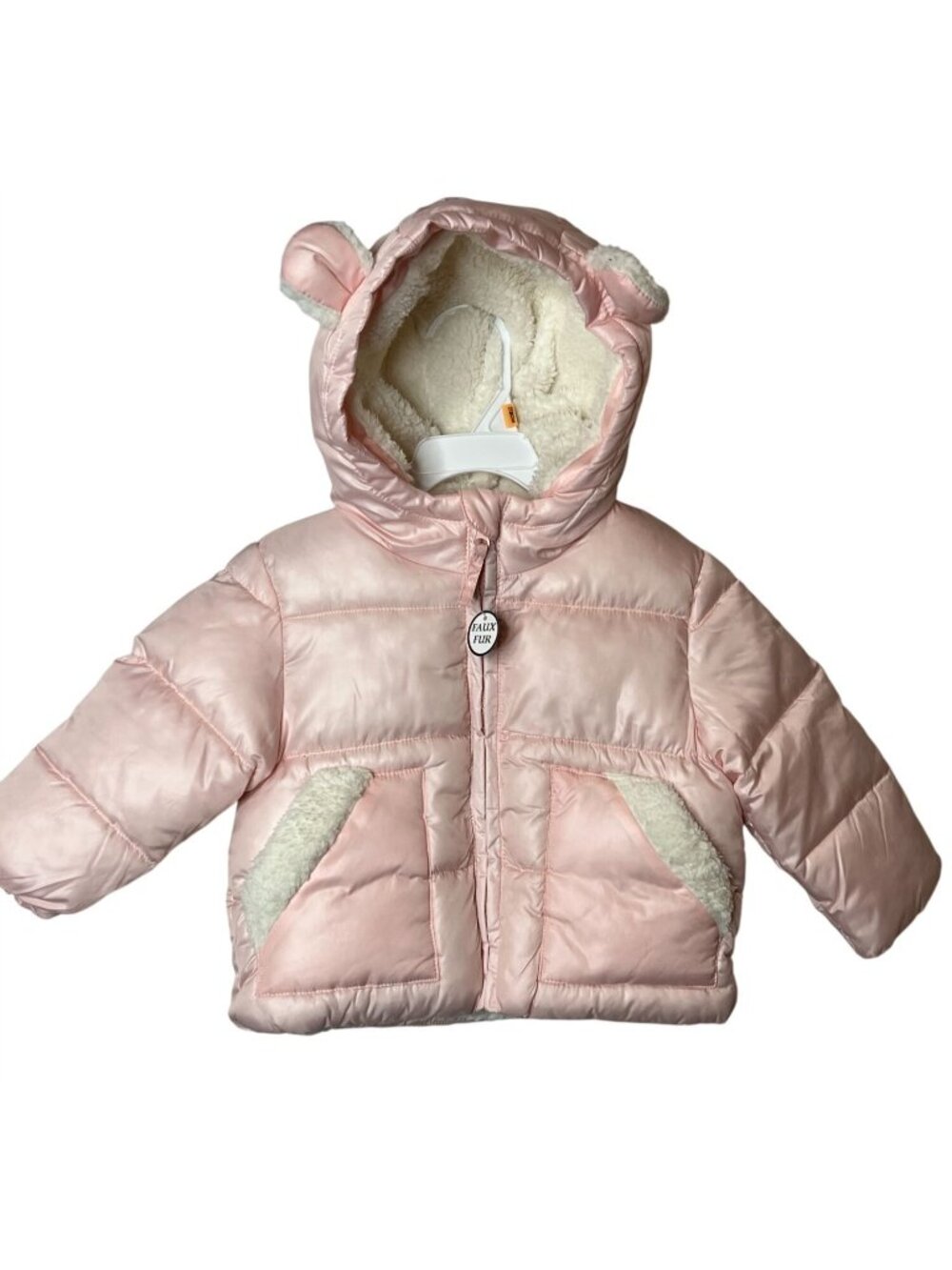 Rothschild Baby Girl Puffer Coat 12M Pink Faux Fur Hood Sherpa Lined